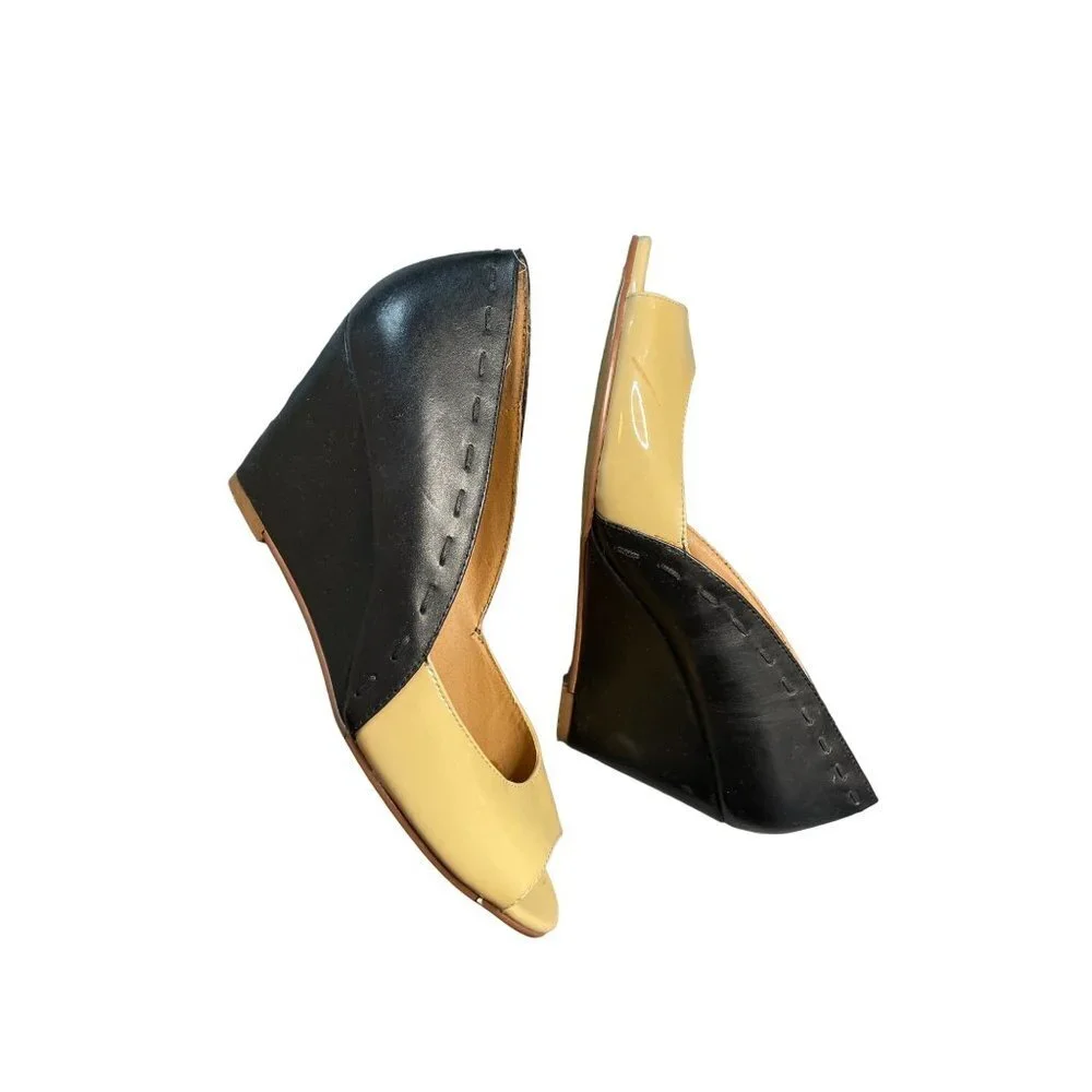 Kelsi Dagger Genelle Black Tan Peep Toe Wedge Heel Shoes Sz 5 - Picture 6 of 7